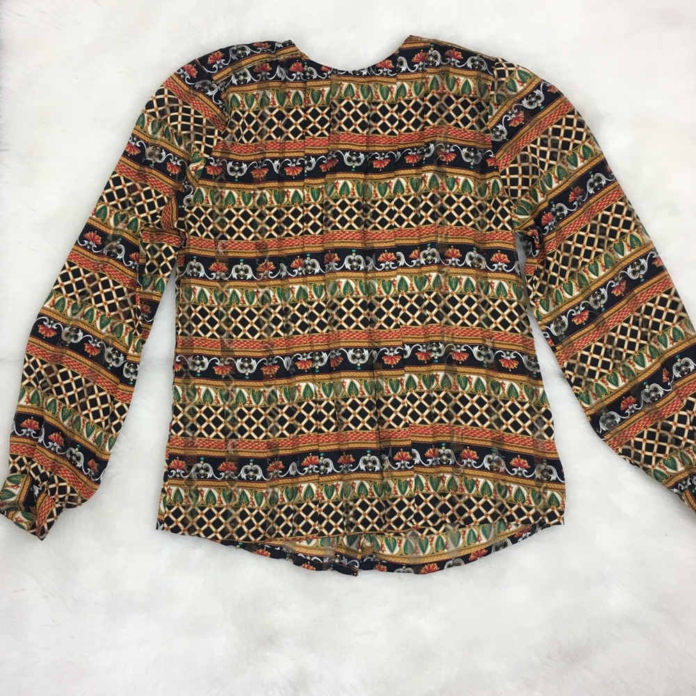 Vintage Blouse Pleated Front Black Gold Multicolor